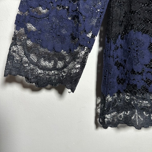 Halogen Striped Lace Blouse Top Navy Blue Black 3/4 Sleeve Women's Medium - Picture 6 of 7